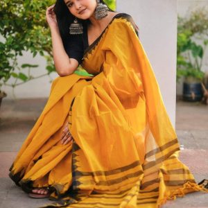 দেশীয় তাঁতের পিওর সুতি শাড়ি  - Pure cotton saree - Yellow